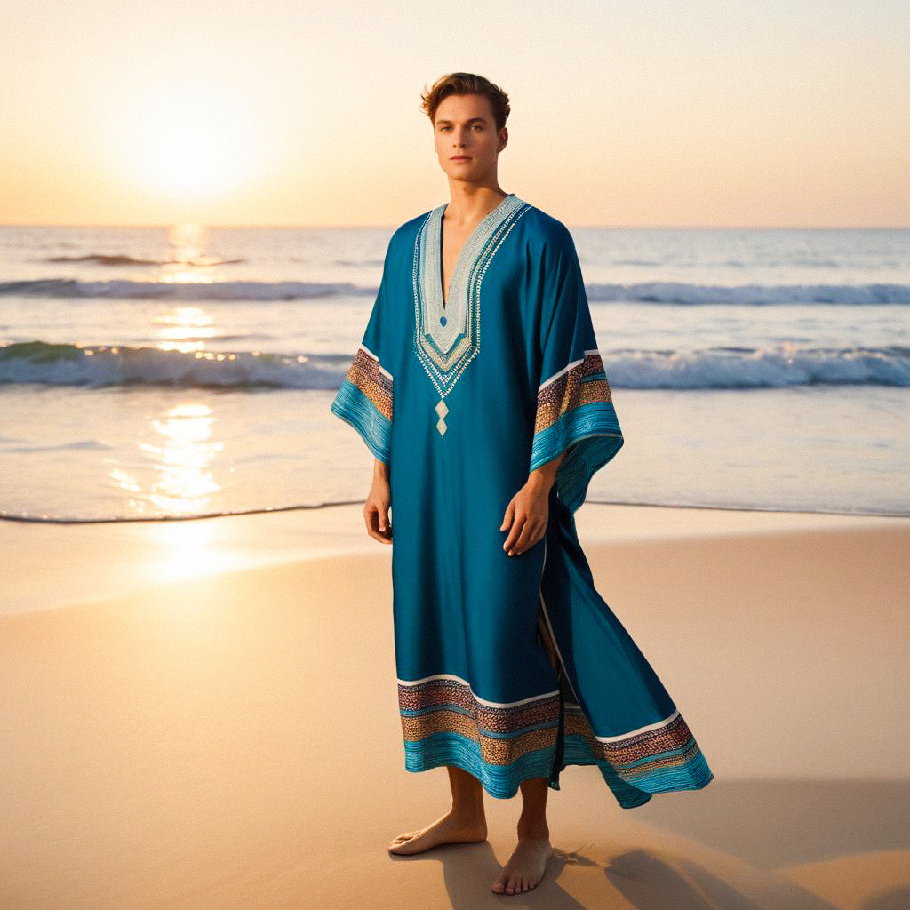 Man in Turquoise Kaftan at Sunset Beach