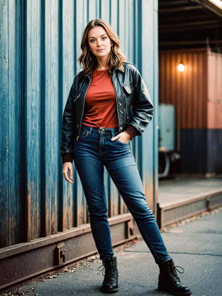 Confident Woman in Stylish Outfit Against Blue Metal