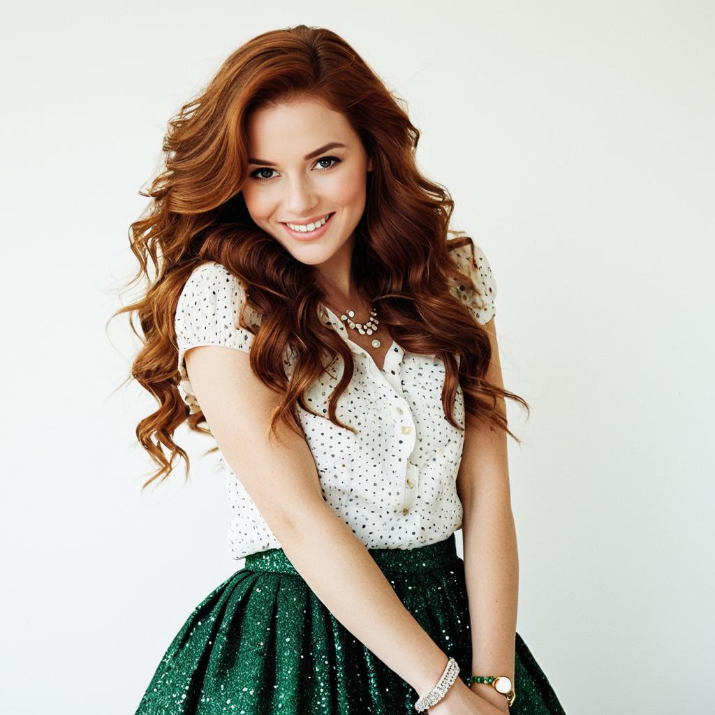  cheerful young woman with auburn hair smiling in green sparkly skirt and white blouse
