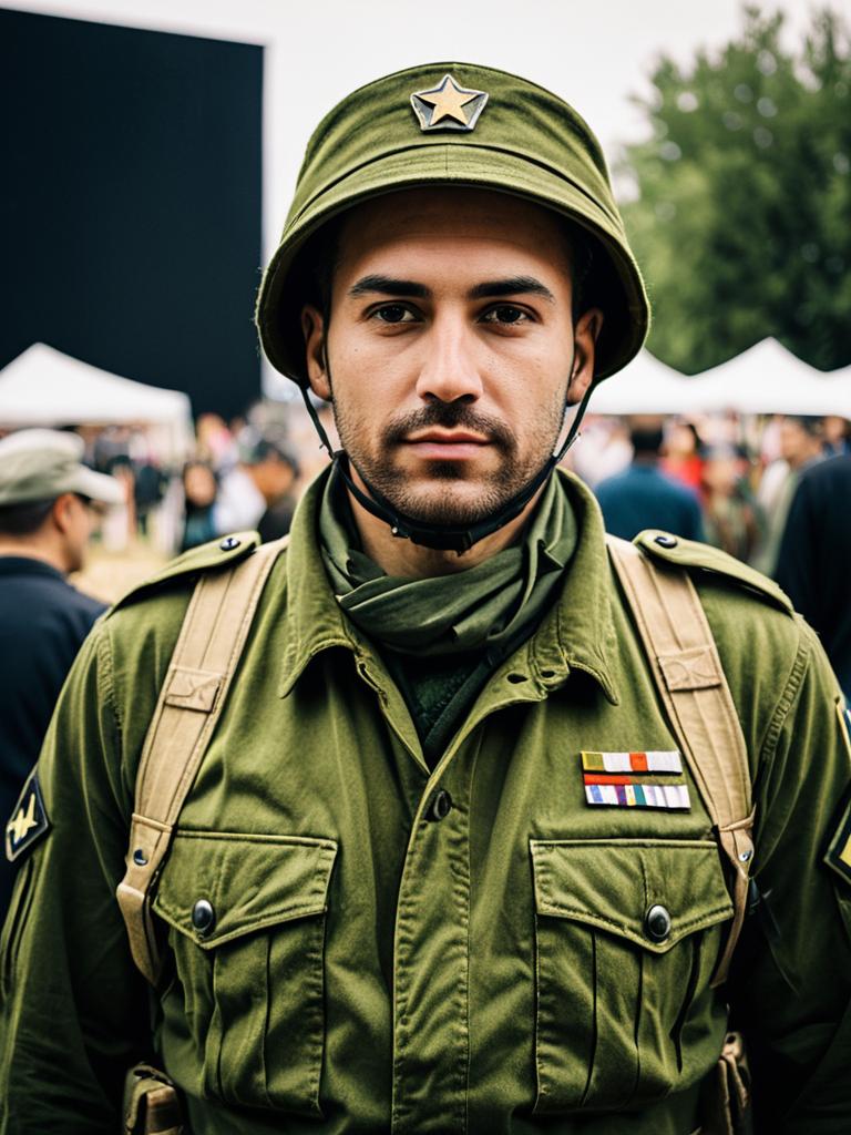 Man in Army-Inspired Olive Green Costume at Cosplay Festival Portrait Man in Army-Inspired Olive Green Costume at Cosplay Festival Portrait