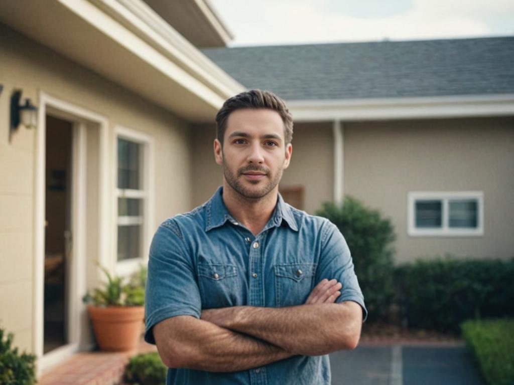 Confident Man in Front of Suburban Home