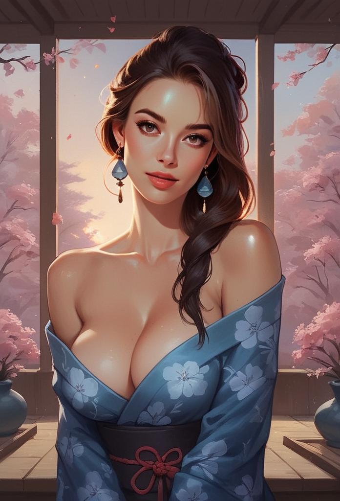 Beautiful Woman in Blue Floral Kimono with Cherry Blossoms Digital Illustration