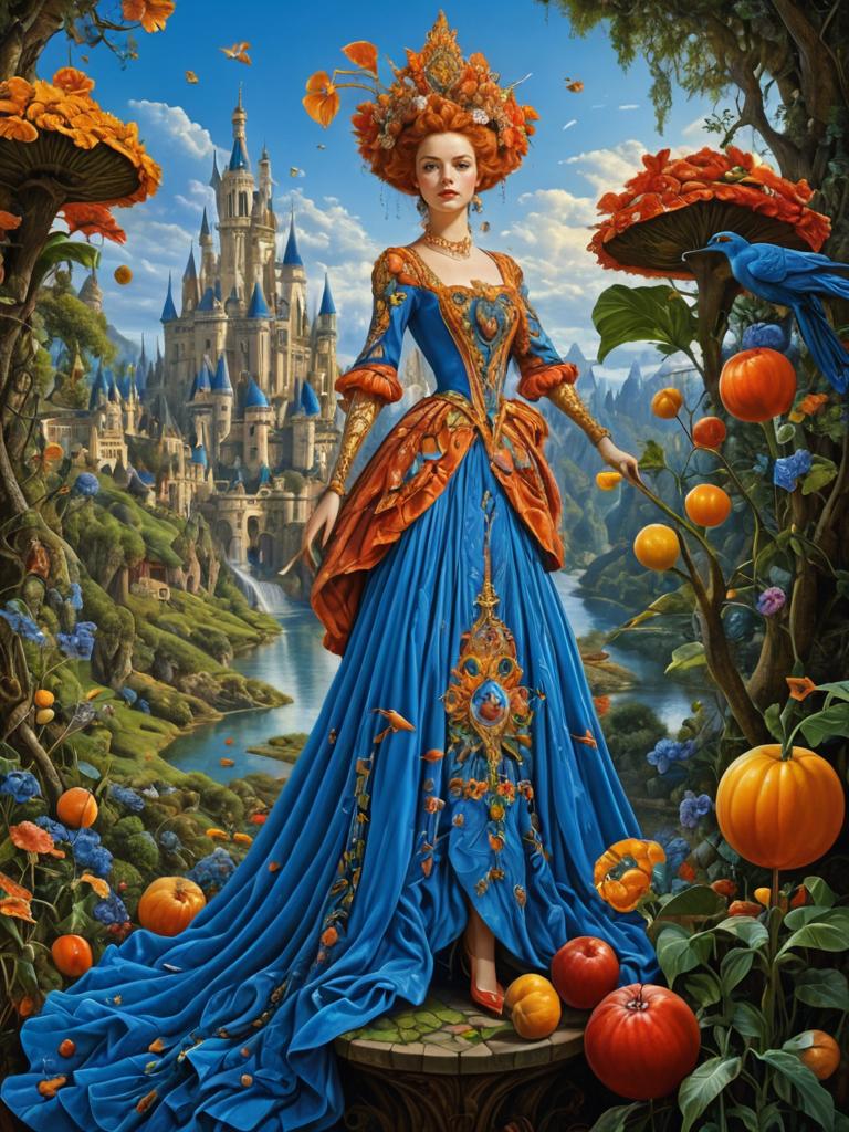 Regal Woman in Autumn Forest with Castle