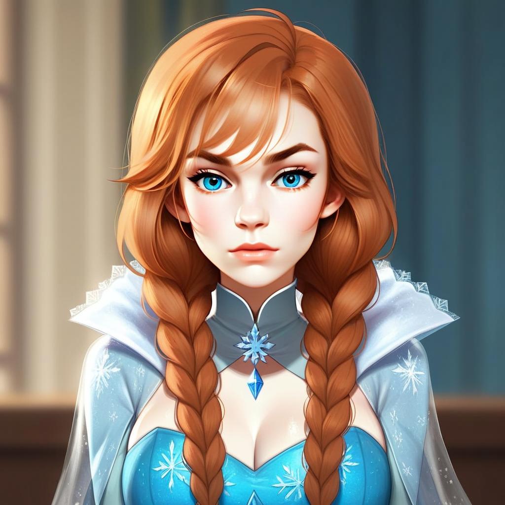 Digital Illustration of Young Woman in Blue Snowflake-Themed Gown with Braided Red Hair