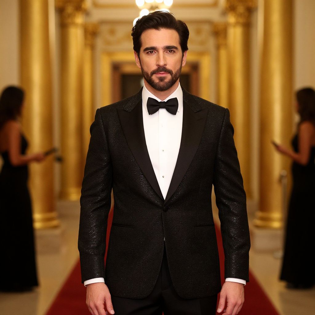 Elegant Man in Black Tuxedo on Red Carpet at Luxurious Venue