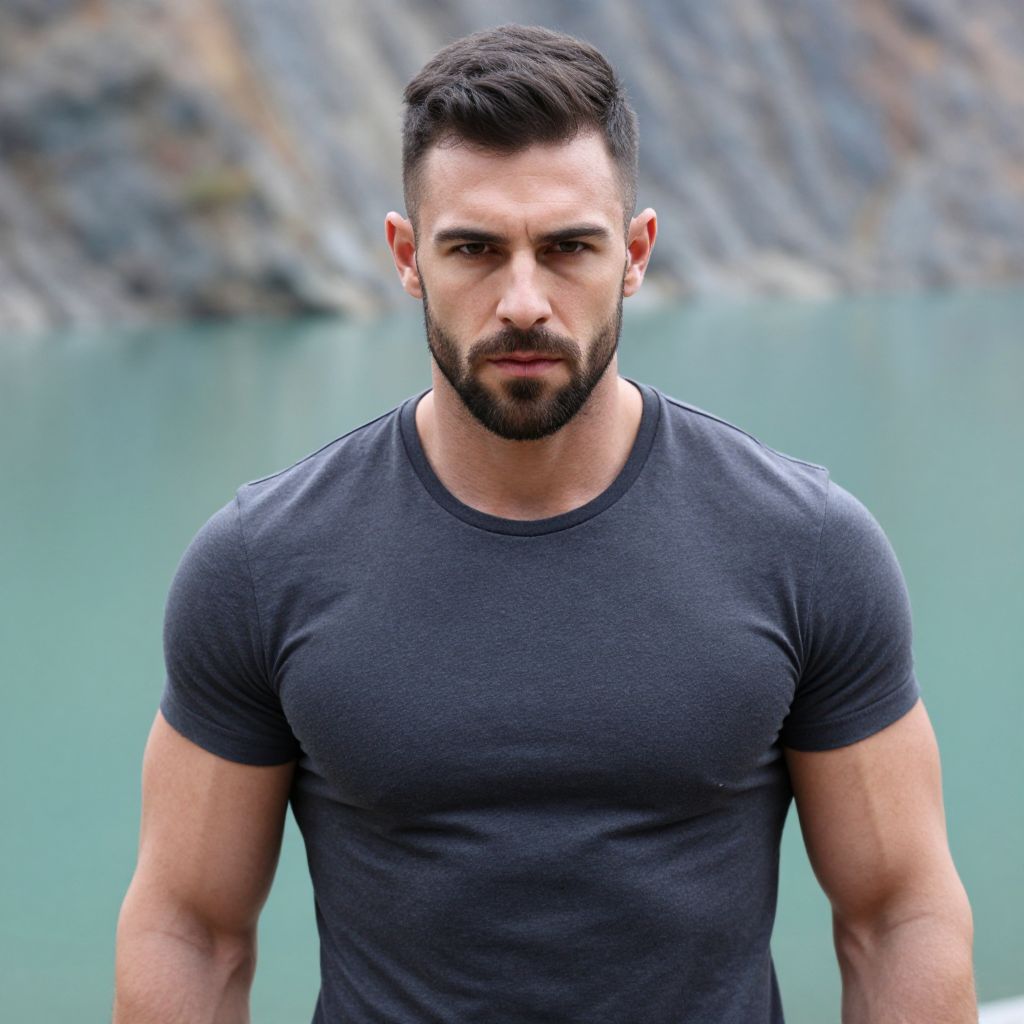 Portrait of a muscular man in dark gray t-shirt with intense gaze outdoors