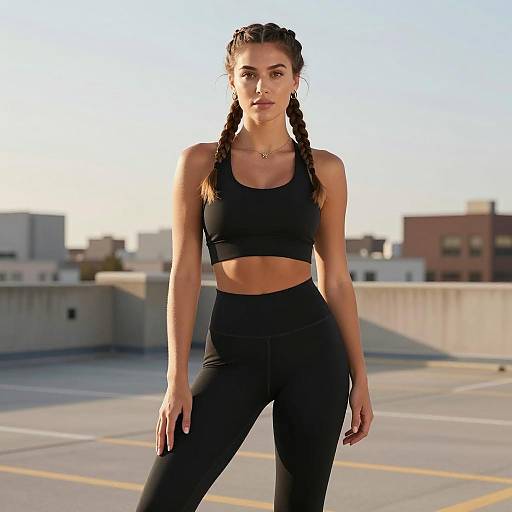 Young Woman in Black Activewear on Urban Rooftop - Fitness Lifestyle