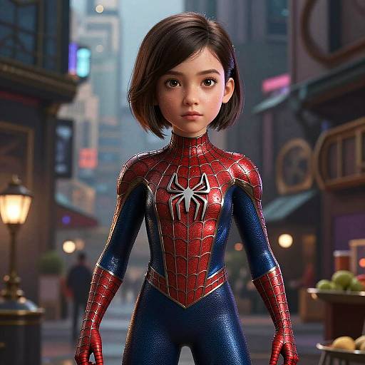 Gen Z Woman in Detailed Spider-Man Suit Standing in Urban Street - 3D Digital Art