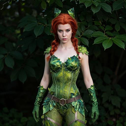 Red Haired Woman in Poison Ivy Leaf Costume in Forest Setting