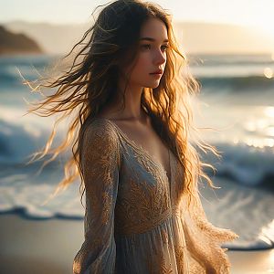 Woman by Ocean Shore at Golden Hour