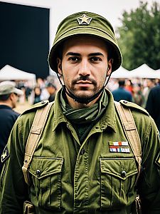 Man in Army-Inspired Olive Green Costume at Cosplay Festival Portrait