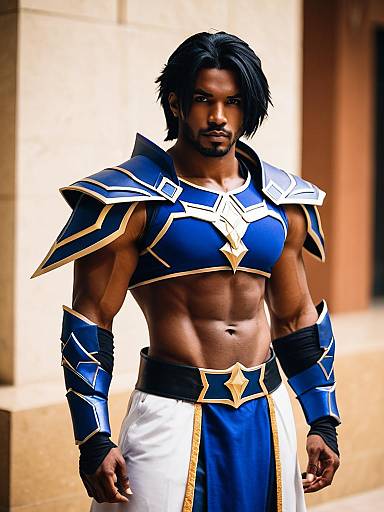 Fantasy Warrior Man in Blue and Gold Armor Costume