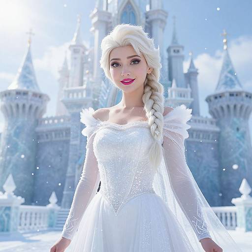 Fantasy Ice Queen Woman in White Gown with Snowy Castle Background