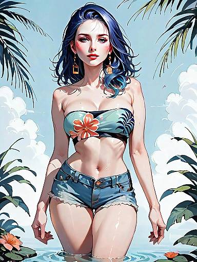 Anime Style Woman with Blue Hair in Tropical Water Scene