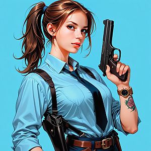 Confident Woman with Handgun in Blue Shirt and Tie