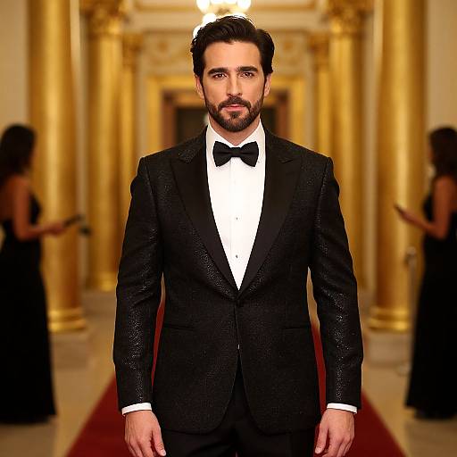 Elegant Man in Black Tuxedo on Red Carpet at Luxurious Venue