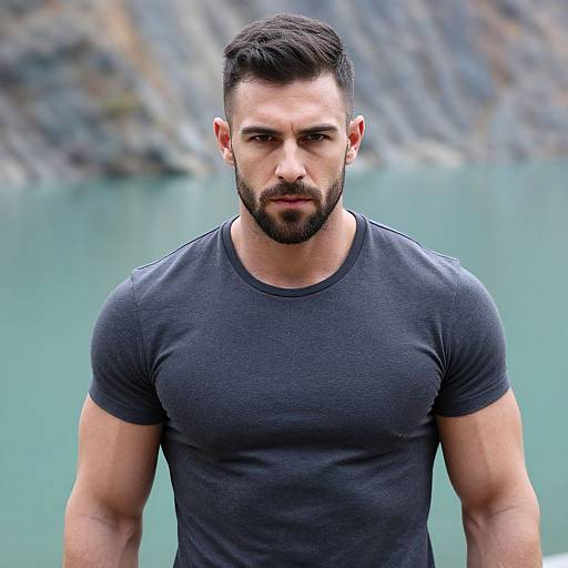 Portrait of a muscular man in dark gray t-shirt with intense gaze outdoors