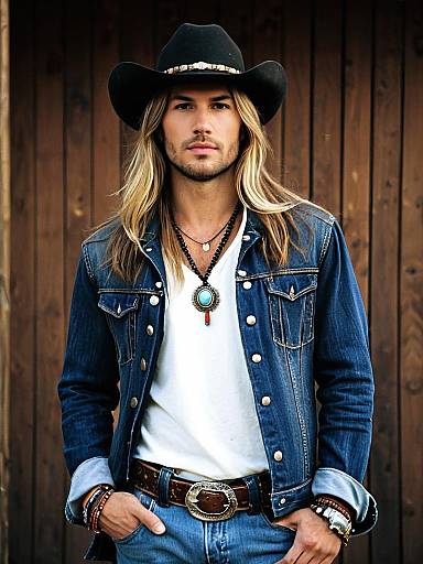 Hipster Man in Cowboy Hat and Denim Jacket Hippie Costume