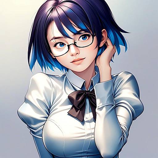 Hakamichi Shizune Anime Style Portrait of Young Woman with Blue Hair and Glasses