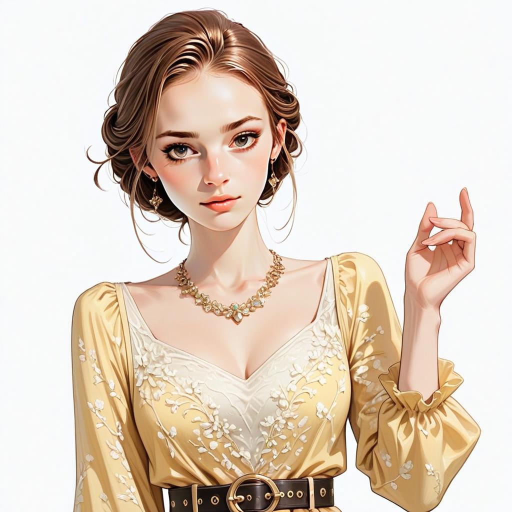 Young Woman in Yellow Blouse with Floral Embroidery