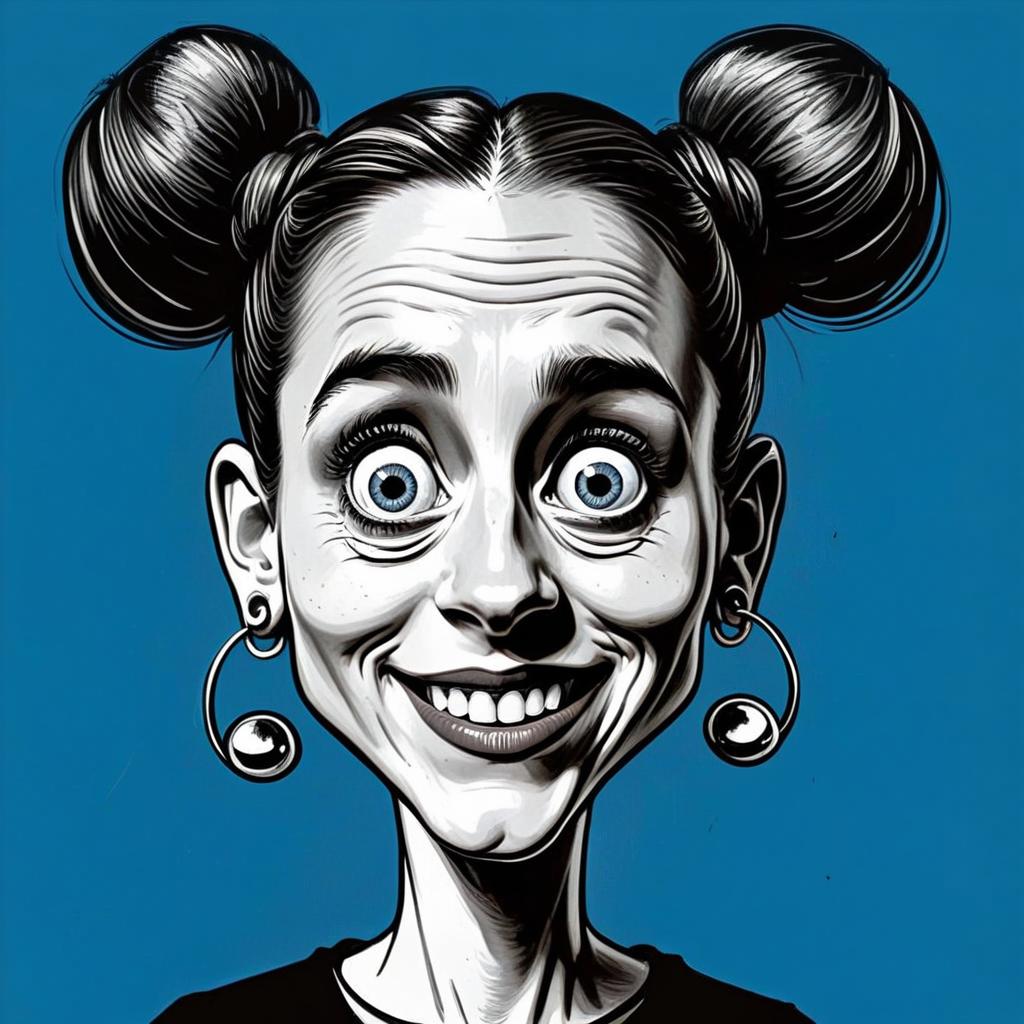 Caricature Illustration of Woman with Blue Eyes and Space Buns Hairstyle
