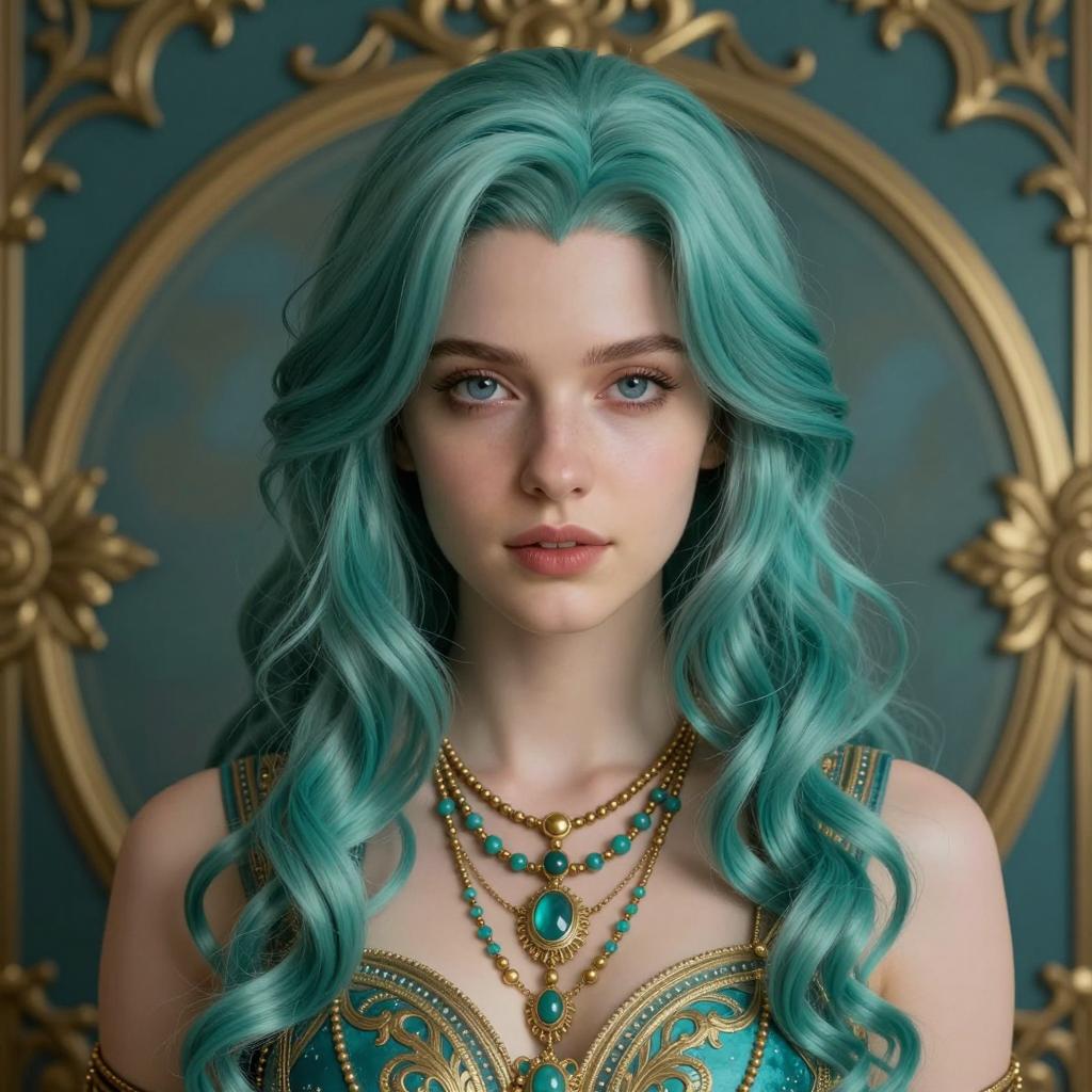 Portrait of Woman with Teal Hair and Ornate Jewelry in Luxurious Vintage Setting