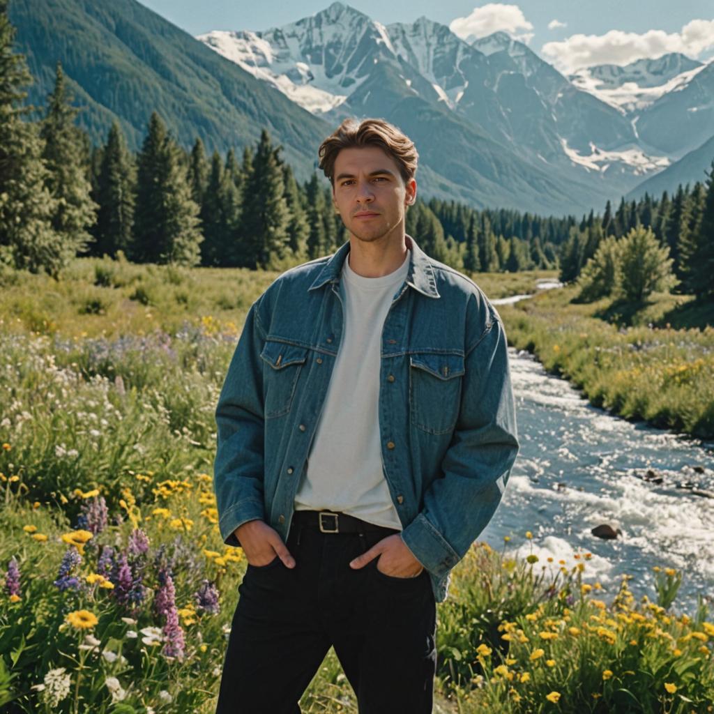 Confident Man in Scenic Landscape with Wildflowers