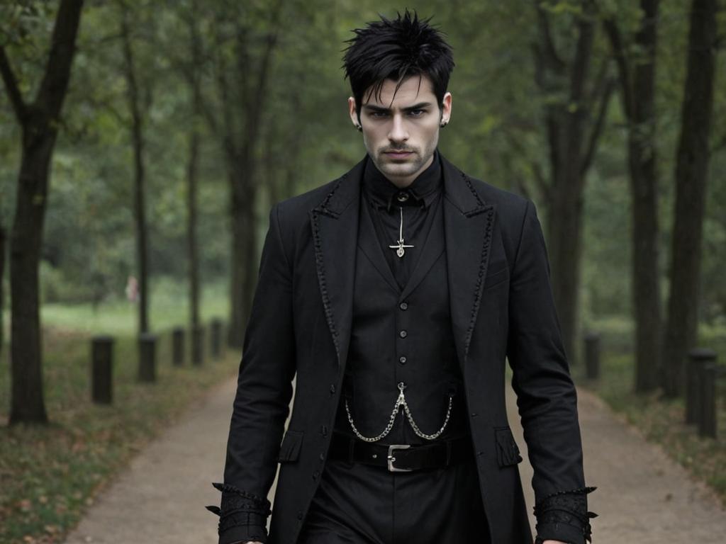 Stylish man in gothic outfit on tree-lined path