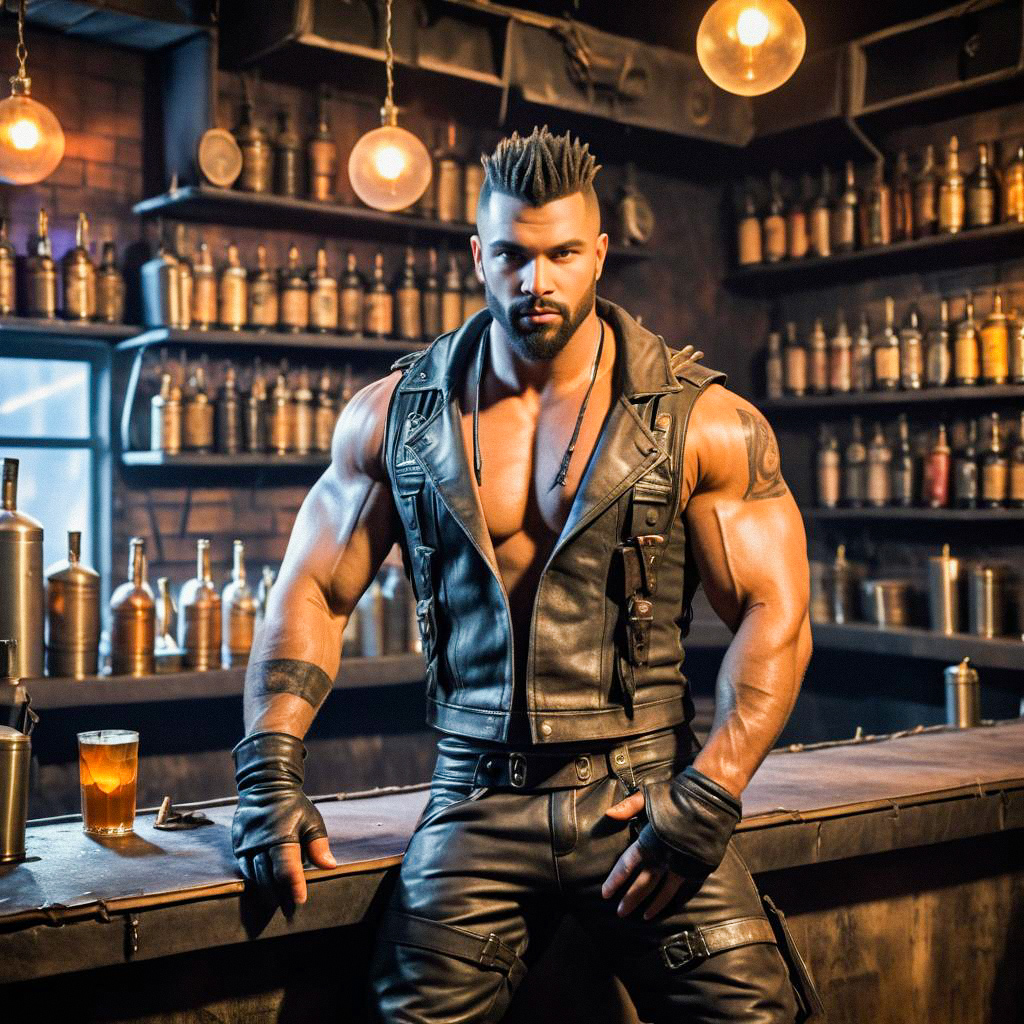 Muscular Man in Leather Vest at Vintage Bar