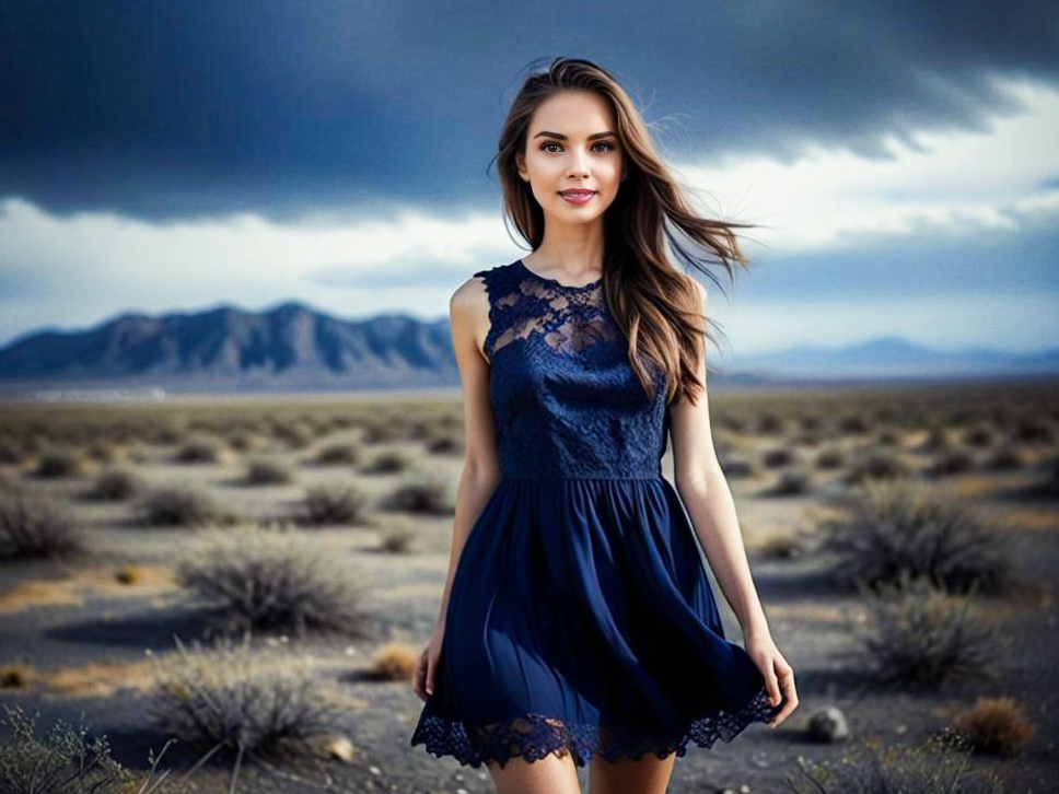 Woman in Navy Dress in Desert