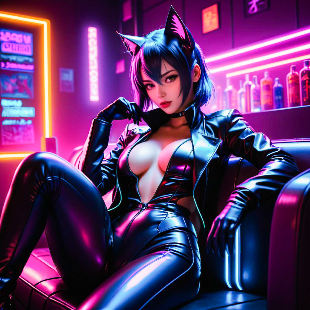 Woman in Black Latex Outfit with Cat Ears in Neon Cyberpunk Setting