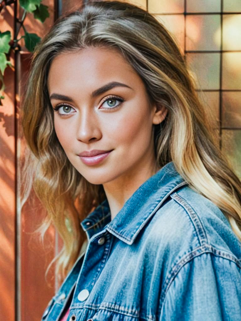 Young Woman in Denim Jacket with Green Eyes