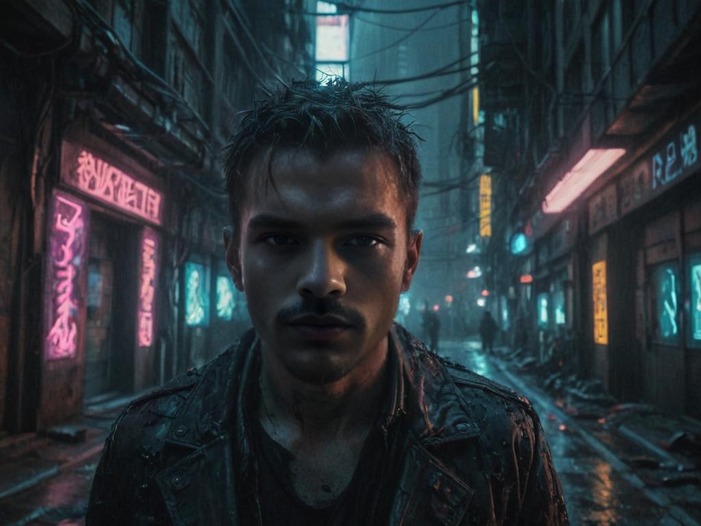 Young man in futuristic dystopian cityscape