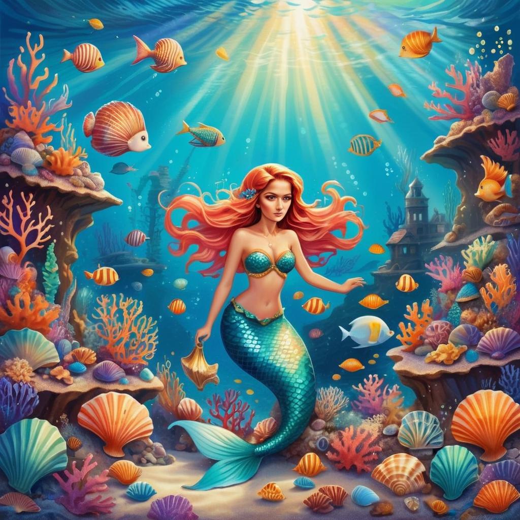 Vibrant Digital Mermaid Art with Coral Reef and Tropical Fish