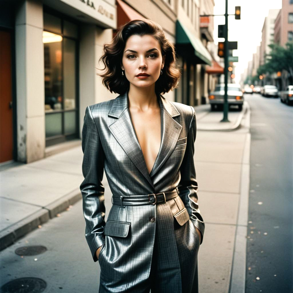 Stylish Woman in Silver Suit on City Street