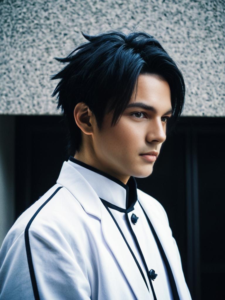 Portrait of Stylish Young Man in White Blazer with Black Trim