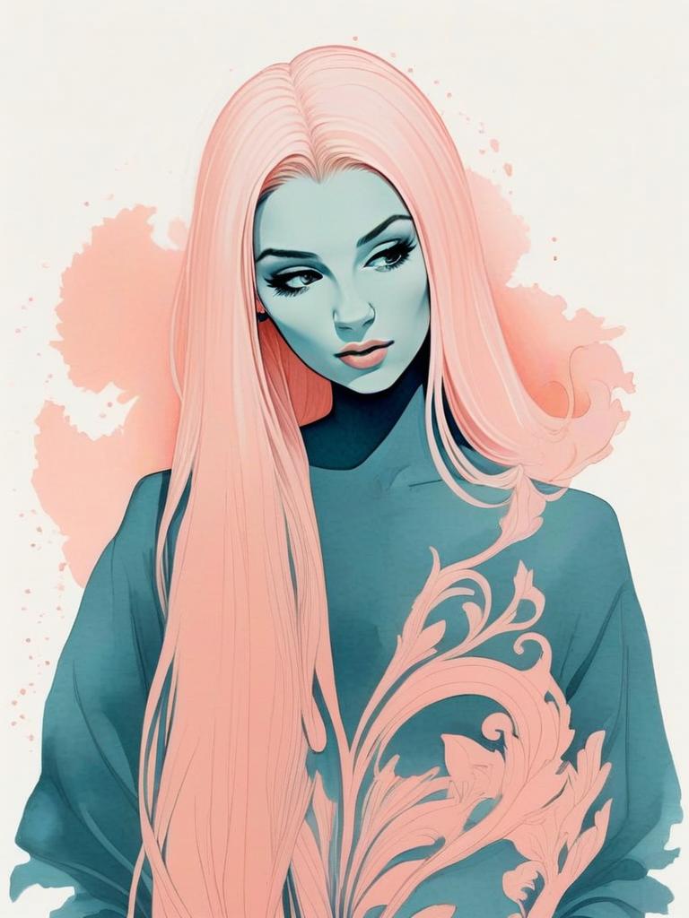 Pastel Pink Haired Woman with Blue Skin and Floral Attire