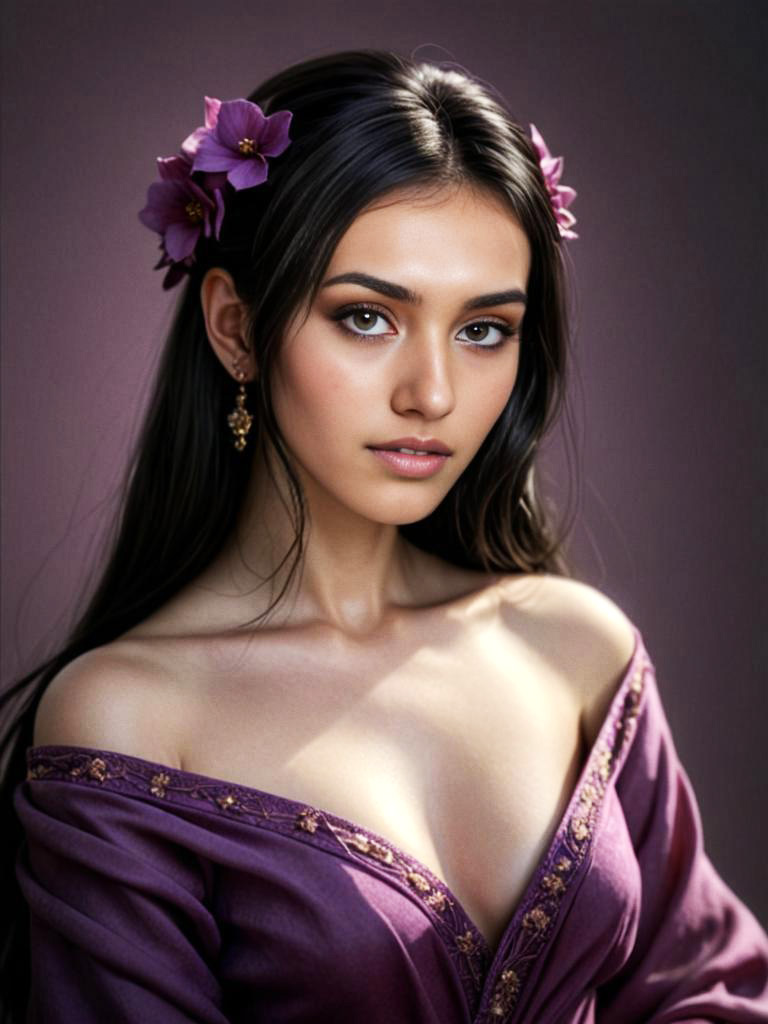 Elegant Woman with Flower Crown in Purple Dress