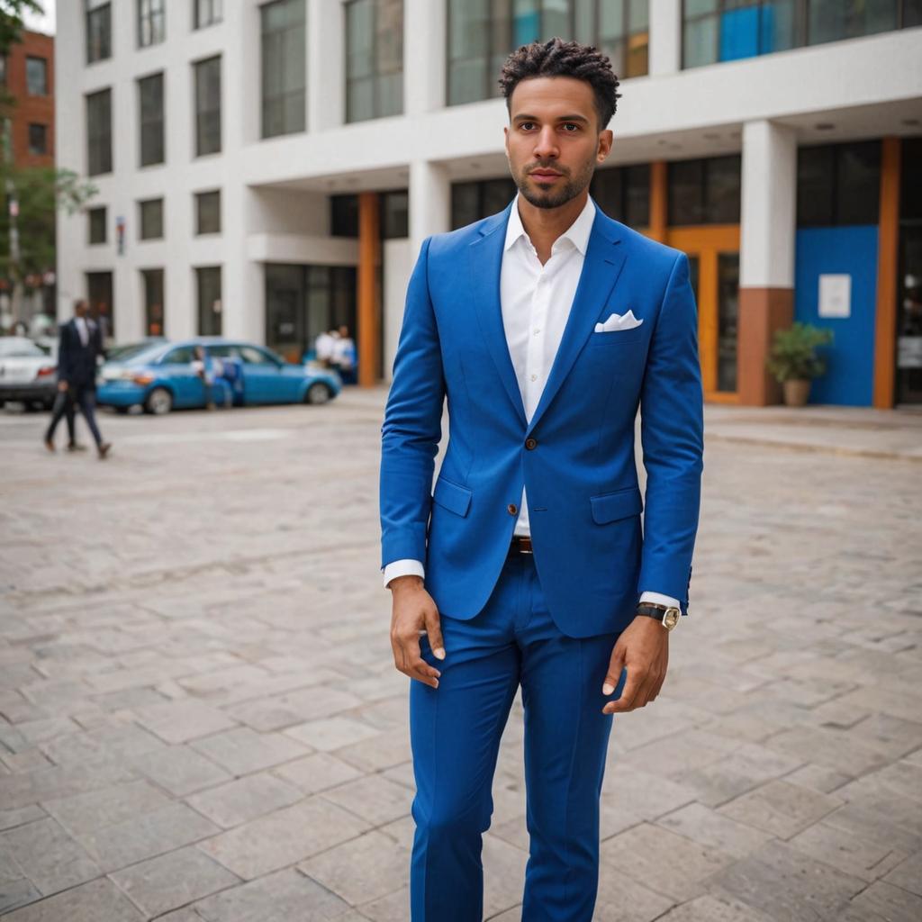 Confident Man in Blue Suit in Urban Setting