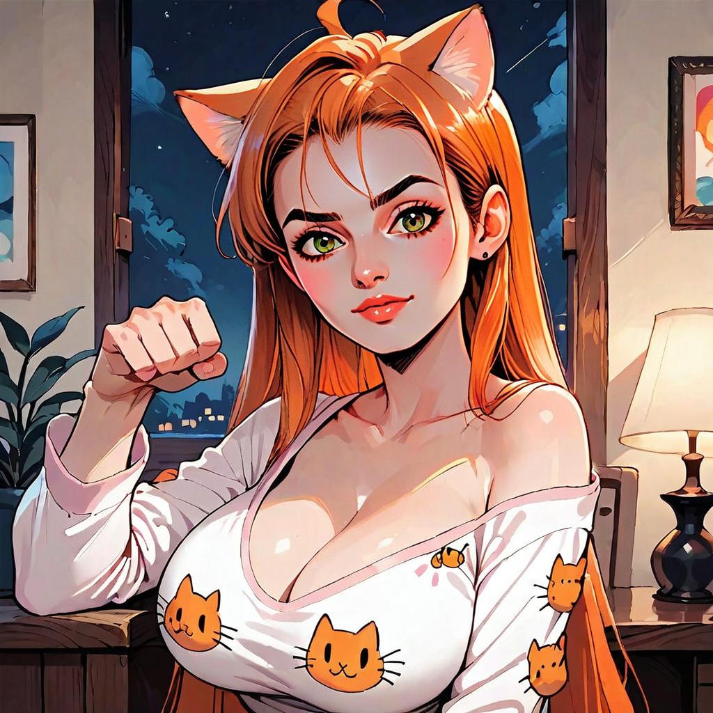 Anime Style Confident Woman with Cat Ears and Cat Print Shirt