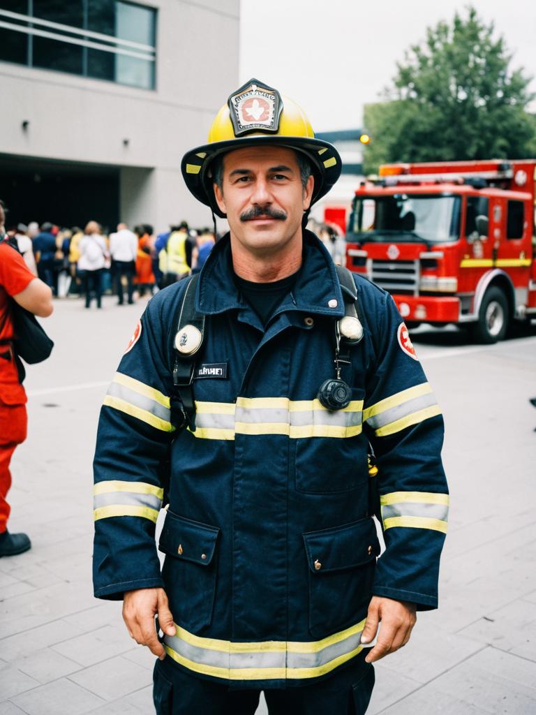 Man in Firefighter Costume at Cosplay Festival with Fire Truck Background