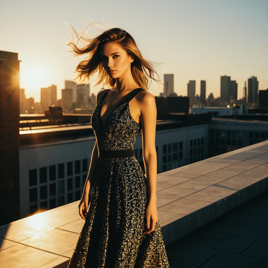 Woman in Shimmering Evening Dress on Rooftop at Sunset with City Skyline