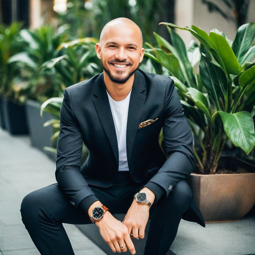Smiling Bald Man in Black Suit Outdoors Smiling Bald Man in Black Suit Outdoors