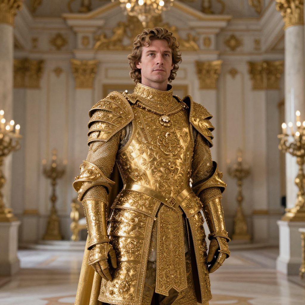 Man in Ornate Golden Medieval Armor in Luxurious Palace