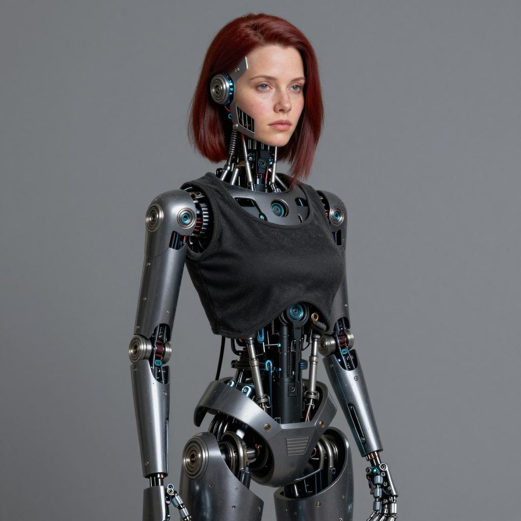 Hyper-Realistic Full Body Female Android with Human Face and Robotic Body