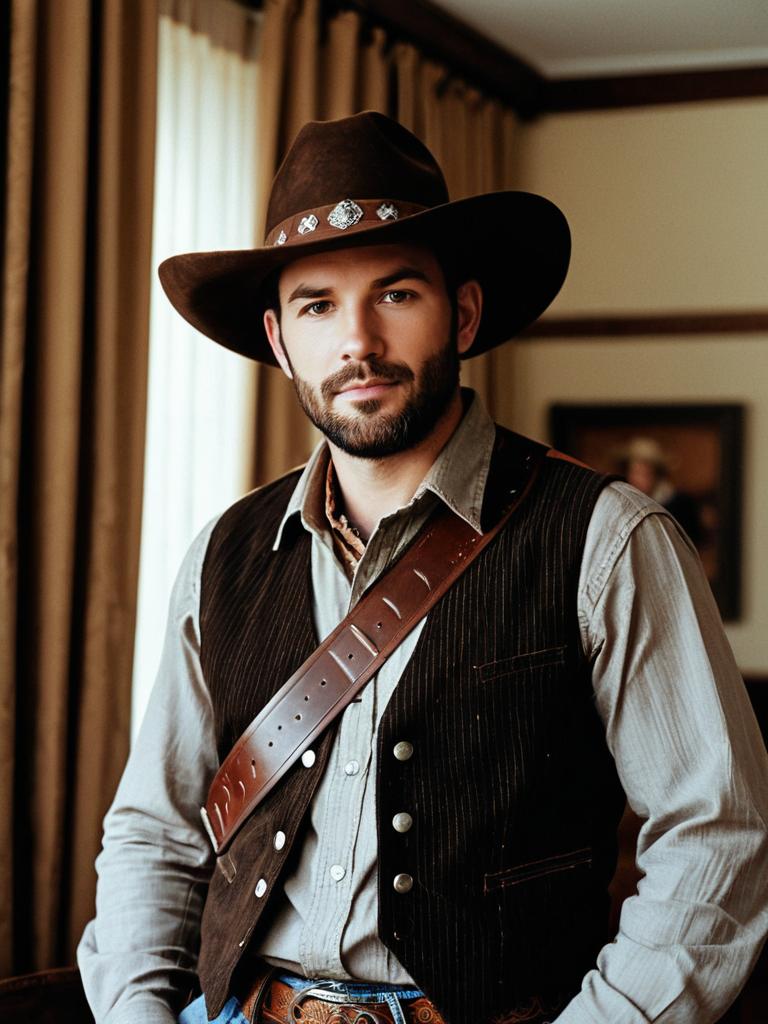 Man in Classic Cowboy Party Clothes with Brown Hat and Vest