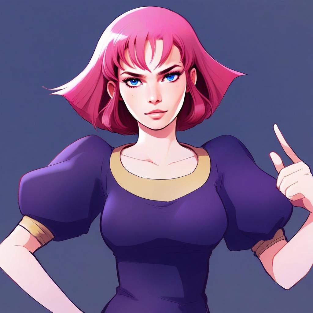 Confident Woman with Pink Hair in Purple Dress Digital Art