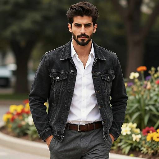 Confident Young Man in Black Denim Jacket Casual Gen Z Fashion