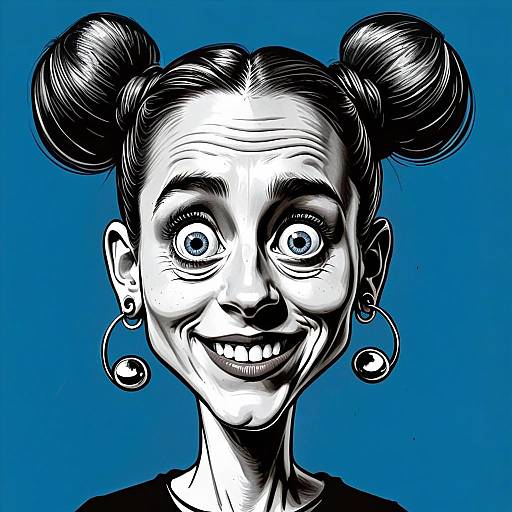 Caricature Illustration of Woman with Blue Eyes and Space Buns Hairstyle