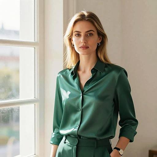 Elegant Young Woman in Emerald Green Satin Shirt by Window